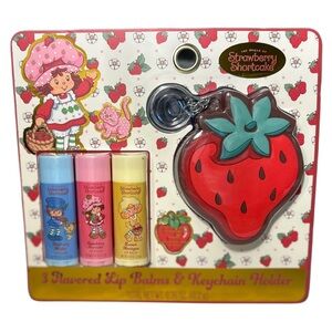 Strawberry Shortcake 3-pack Flavored Lip Balm Set & Lip Balm Keychain Holder NWT